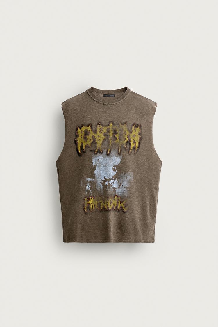 WASHED GRAPHIC KNIT TANK TOP — Brown