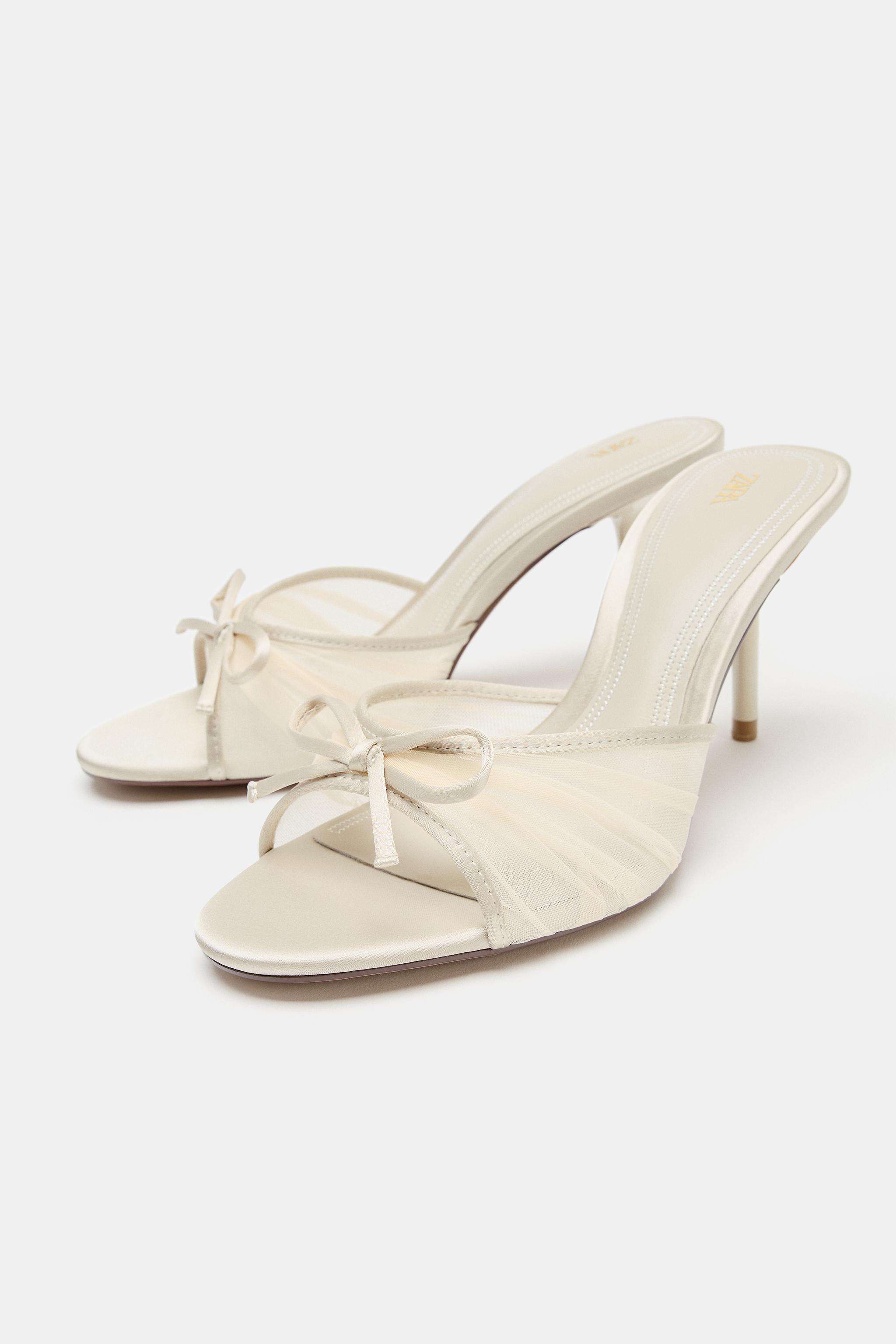 MESH BOW HEELED SANDALS — Ecru