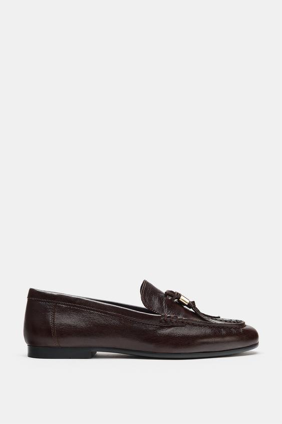 Zara LEATHER TASSEL LOAFERS - Brown - Image 0
