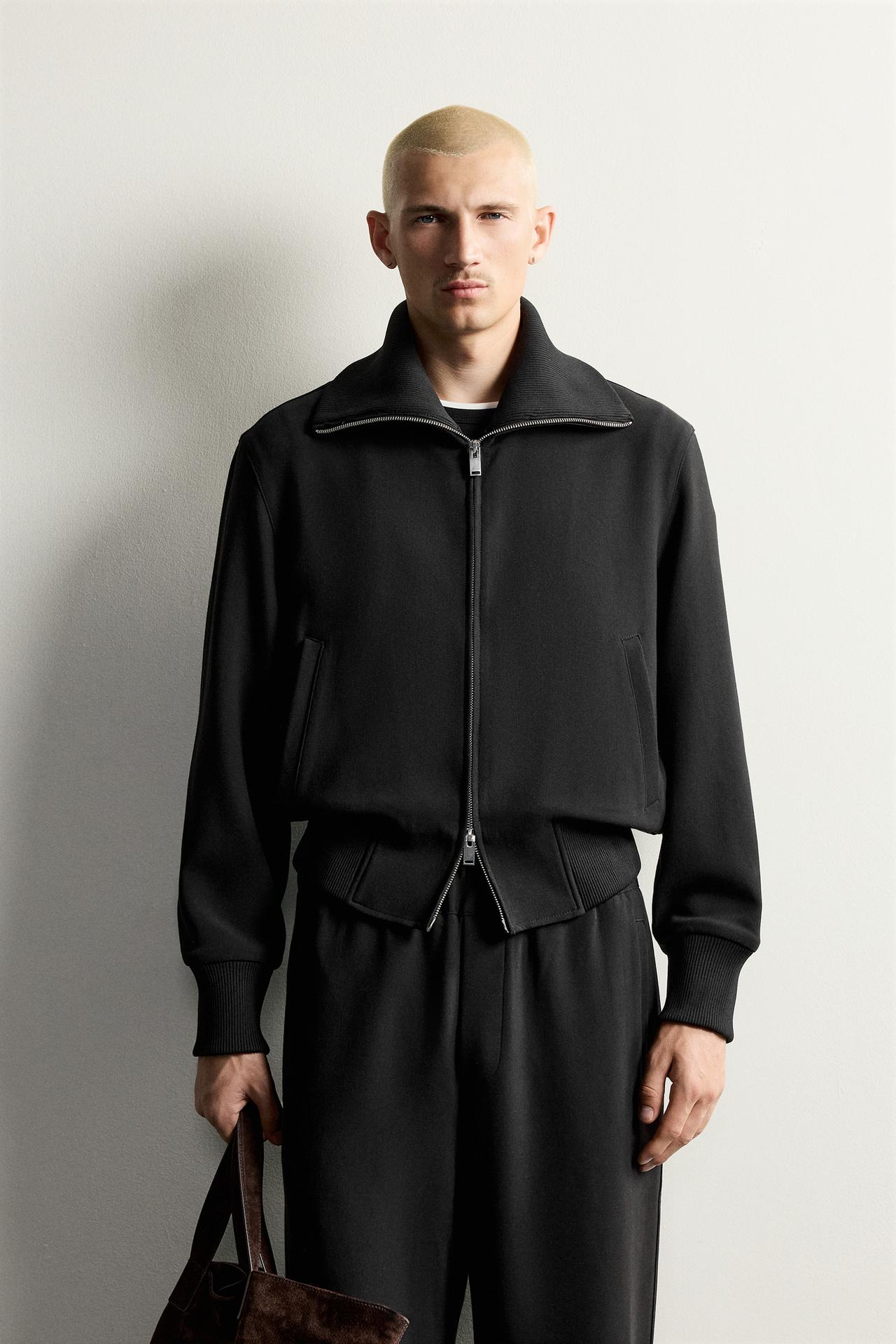 BOMBER JACKET WITH HIGH COLLAR — Black