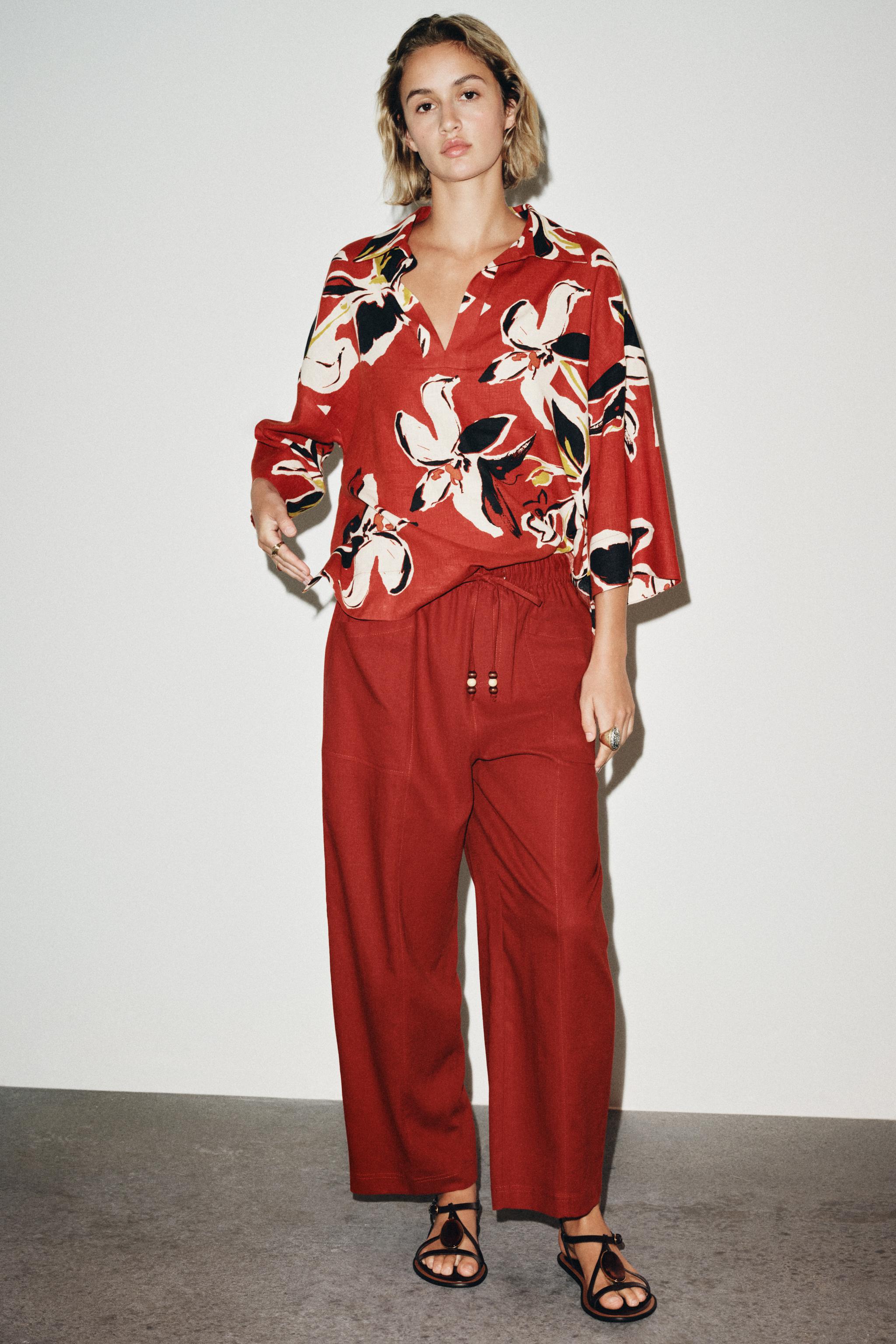 LINEN BEADED DRAWSTRING PANTS - Brick | ZARA United States