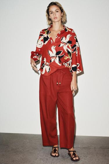 BROEK MET LINNEN KOORD KRALEN - Bruinrood van Zara