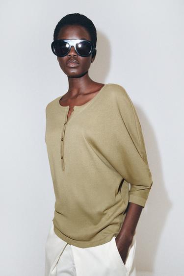 Zara COTTON HENLEY SHIRT - Khaki