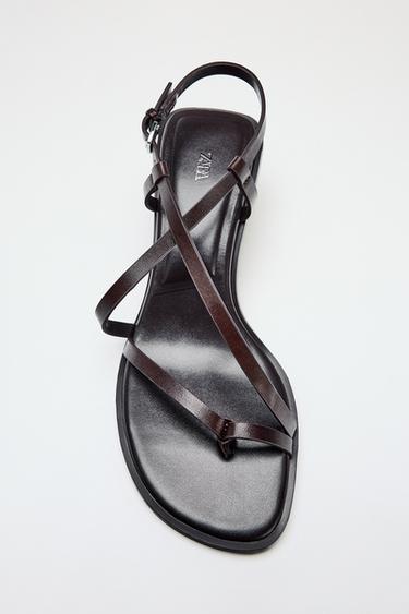 LEATHER BLOCK-HEEL SANDALS - Brown by Zara