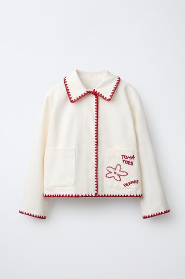 EMBROIDERED WORKER JACKET - Ecru / Red by Zara