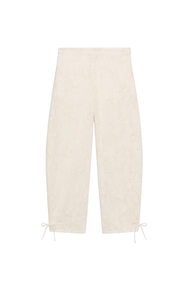 Zara SEQUIN EMBROIDERED BLOOMER PANTS - Ecru