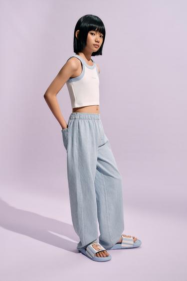 Zara 條紋飄逸桶型褲 - 多色