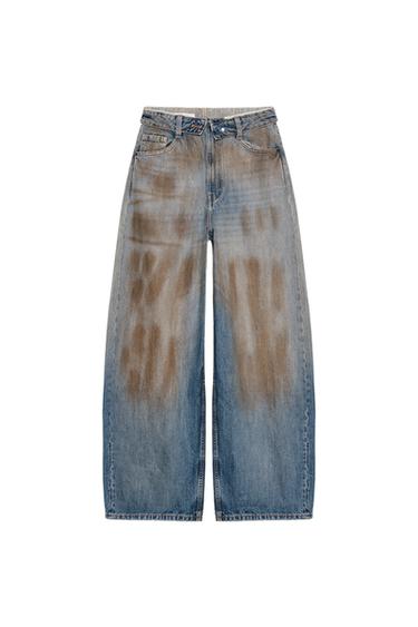 TRF 折り返しウエスト ミッドライズデニムパンツブルーZaraのTRF 折り返しウエスト ミッドライズデニムパンツ - ブルー 