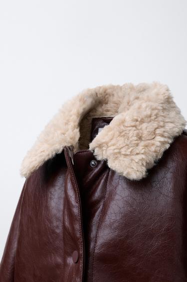 DOUBLE-FACED FAUX SHEARLING AND FAUX LEATHER JACKET - Burgundy by Zara - Image 4