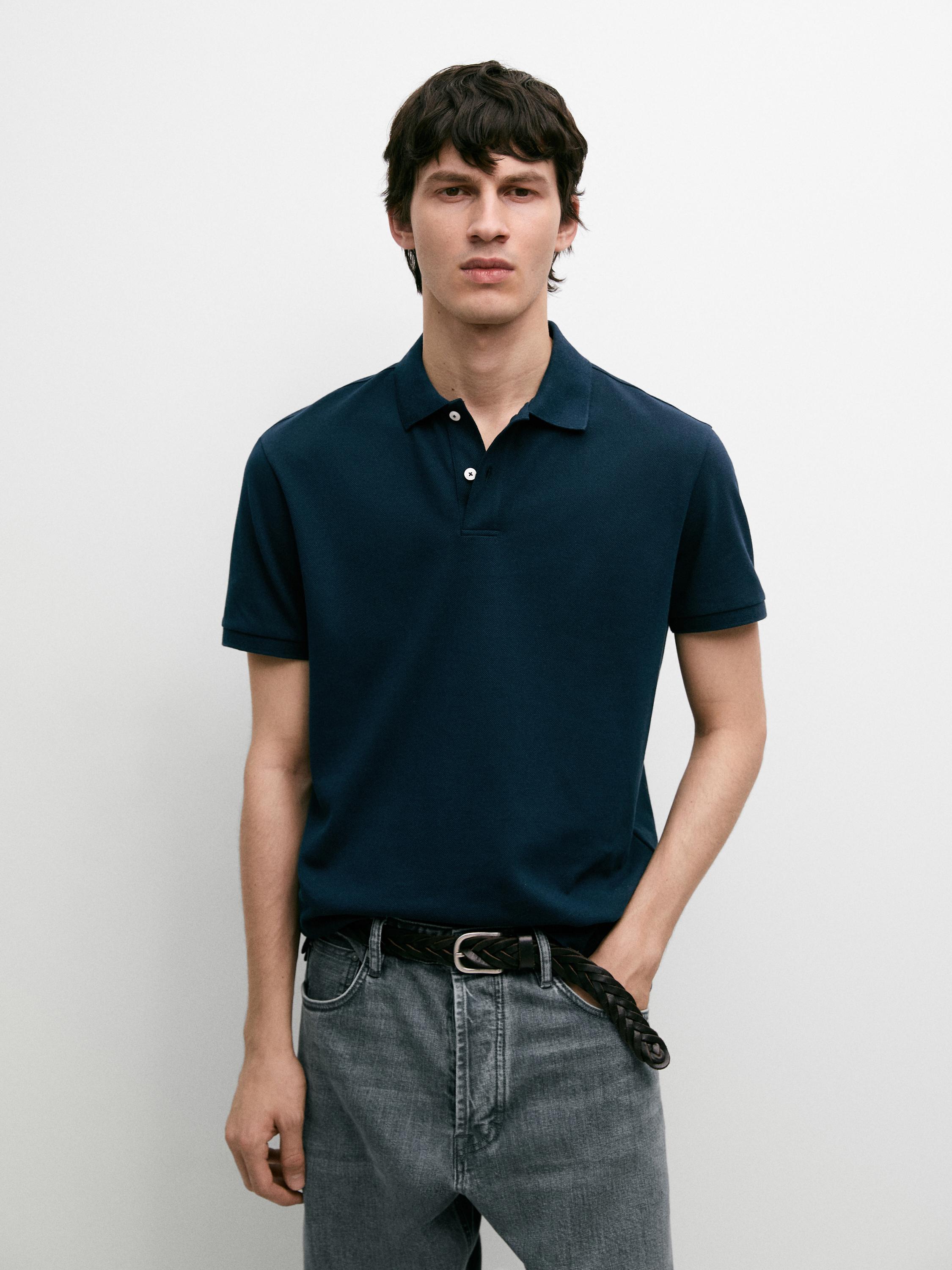 Micro-textured cotton piqué polo shirt — Indigo