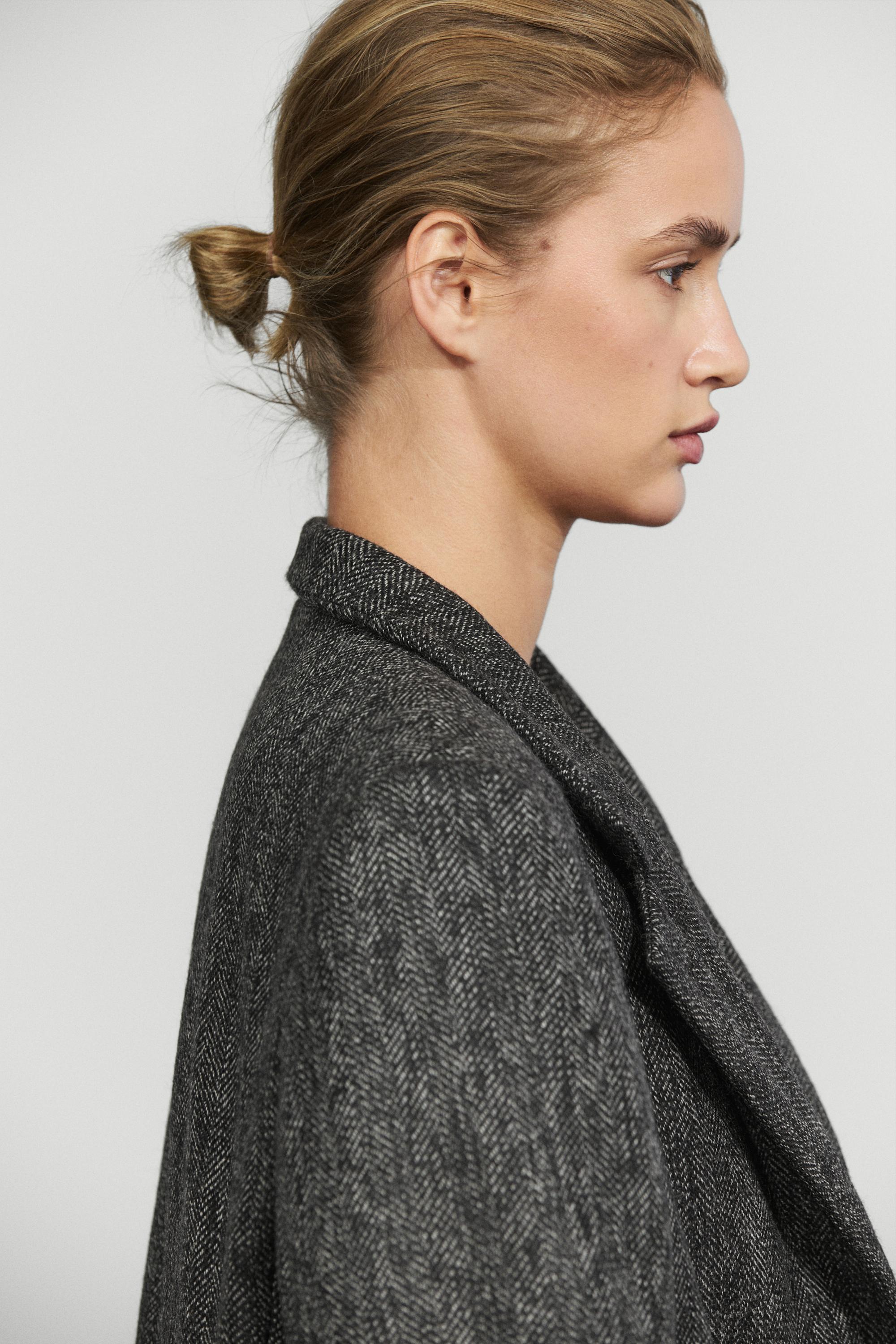 Long herringbone wool blend coat