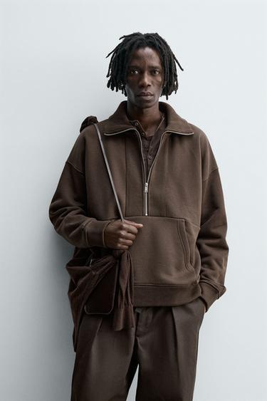 SWEAT COL ZIPPÉ CÔTELÉ - Chocolat de Zara