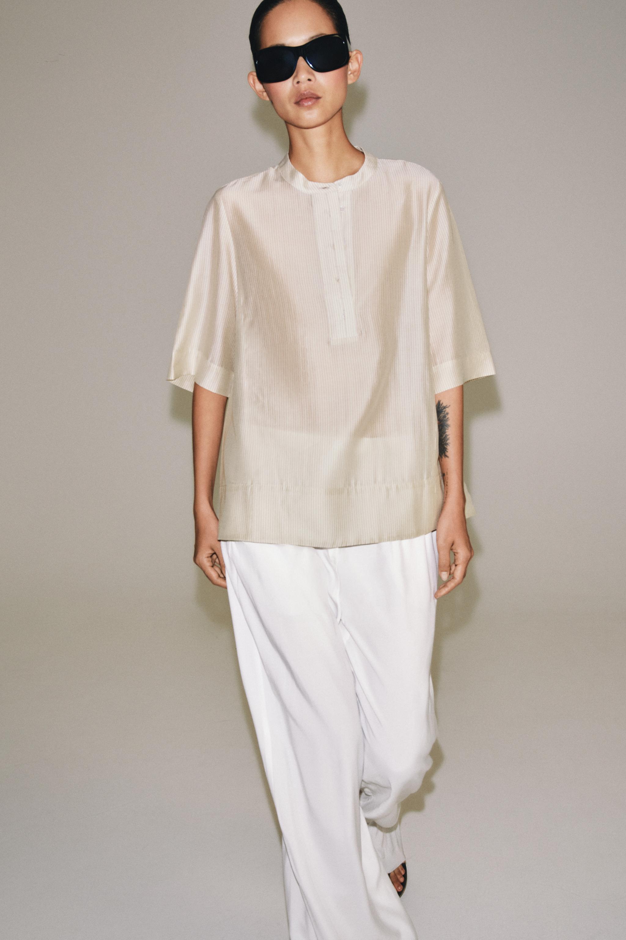 SHORT SLEEVE FLOWY BLOUSE ZW COLLECTION — Ecru / Black