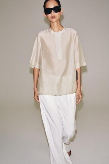 ZW COLLECTION FLOWING SHORT SLEEVE BLOUSE - Ecru / Black by Zara