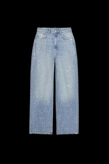 TRF STRAIGHT-LEG RHINESTONE HIGH-WAIST JEANS - Blue by Zara