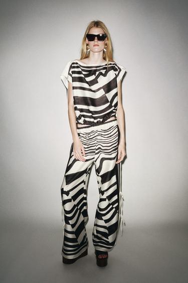 PRINTED TROUSERS WITH TIES ZW COLLECTION - Black / Ecru by Zara