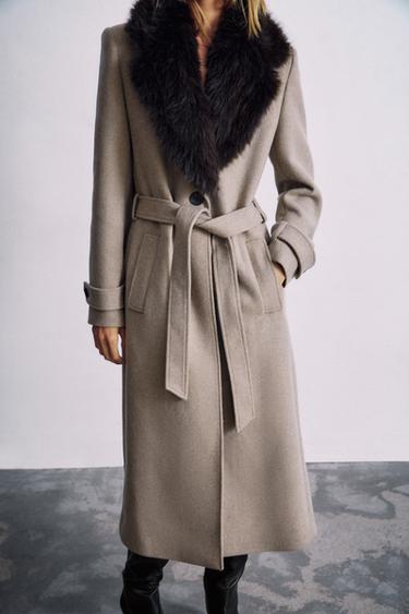 WOOL COAT WITH DETACHABLE FAUX FUR LAPEL — Light mink 2