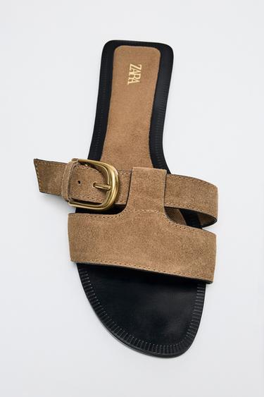 BUCKLED SPLIT SUEDE SANDALS - Dark tan by Zara