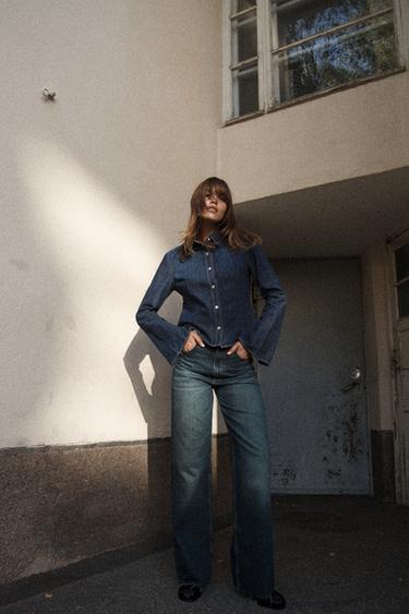 Zara FULL LENGTH TRF HIGH RISE WIDE LEG JEANS - Indigo