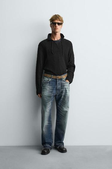 Zara TEXTURED CORD KNIT POLO SHIRT - Black - Image 0