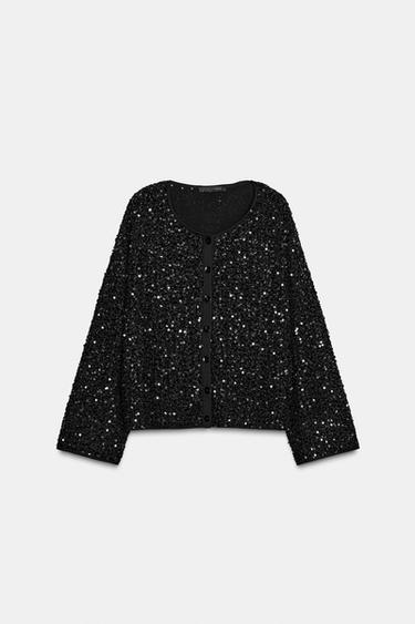Zara SEQUIN KNIT CARDIGAN - Black