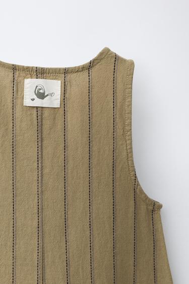 LONG STRIPED COTTON LINEN DUNGAREES - Khaki by Zara - Image 3