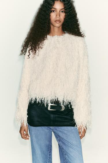 Zara FEATHER FRINGE METALLIC THREAD JACKET - Ecru