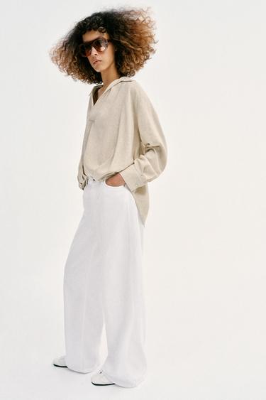 LINEN BLEND SHIRT WITH PUFF HEM - Light beige by Zara - Image 3