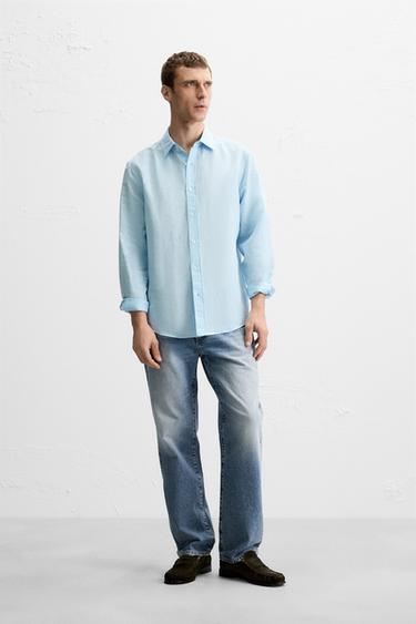 CAMISA ALGODÓN - LINO - Celeste de Zara - Imagen 0