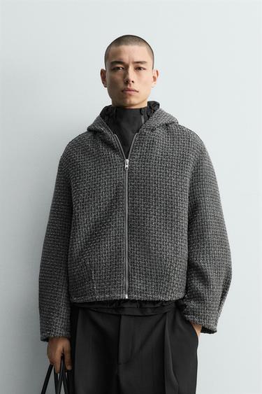 Zara 紋理圈圈紗連帽外套 - 斑紋灰色