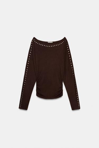 BLUZË ME KAPSLLA MËNGË TË GJATA - Kafe e errët nga Zara