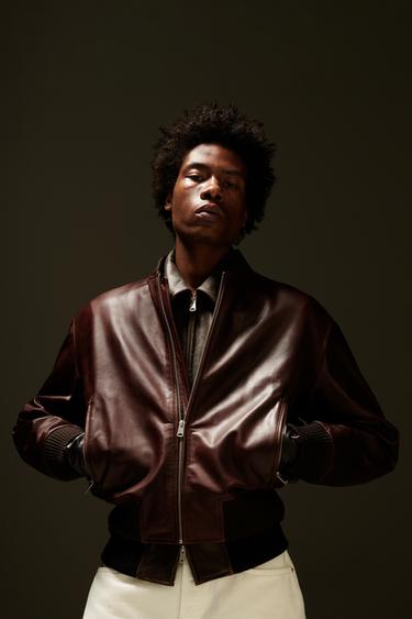 Zara WAXED LEATHER BOMBER JACKET - Dark brown