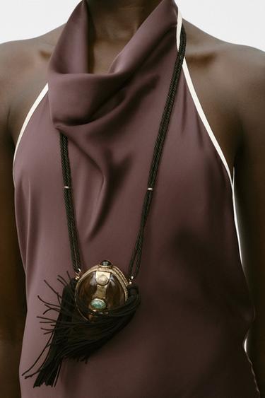 CONTRAST TRIM SATIN MIDI DRESS - Brown by Zara - Image 3