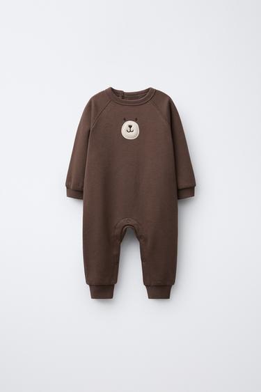 Zara EMBROIDERED BEAR PLUSH JUMPSUIT - Brown