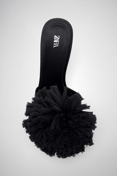 Zara MAXI POMPOM SLINGBACK SANDALS - Black