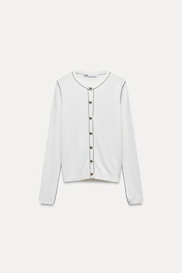 PLAIN KNIT CARDIGAN WITH CONTRAST TRIMS - Black / White by Zara