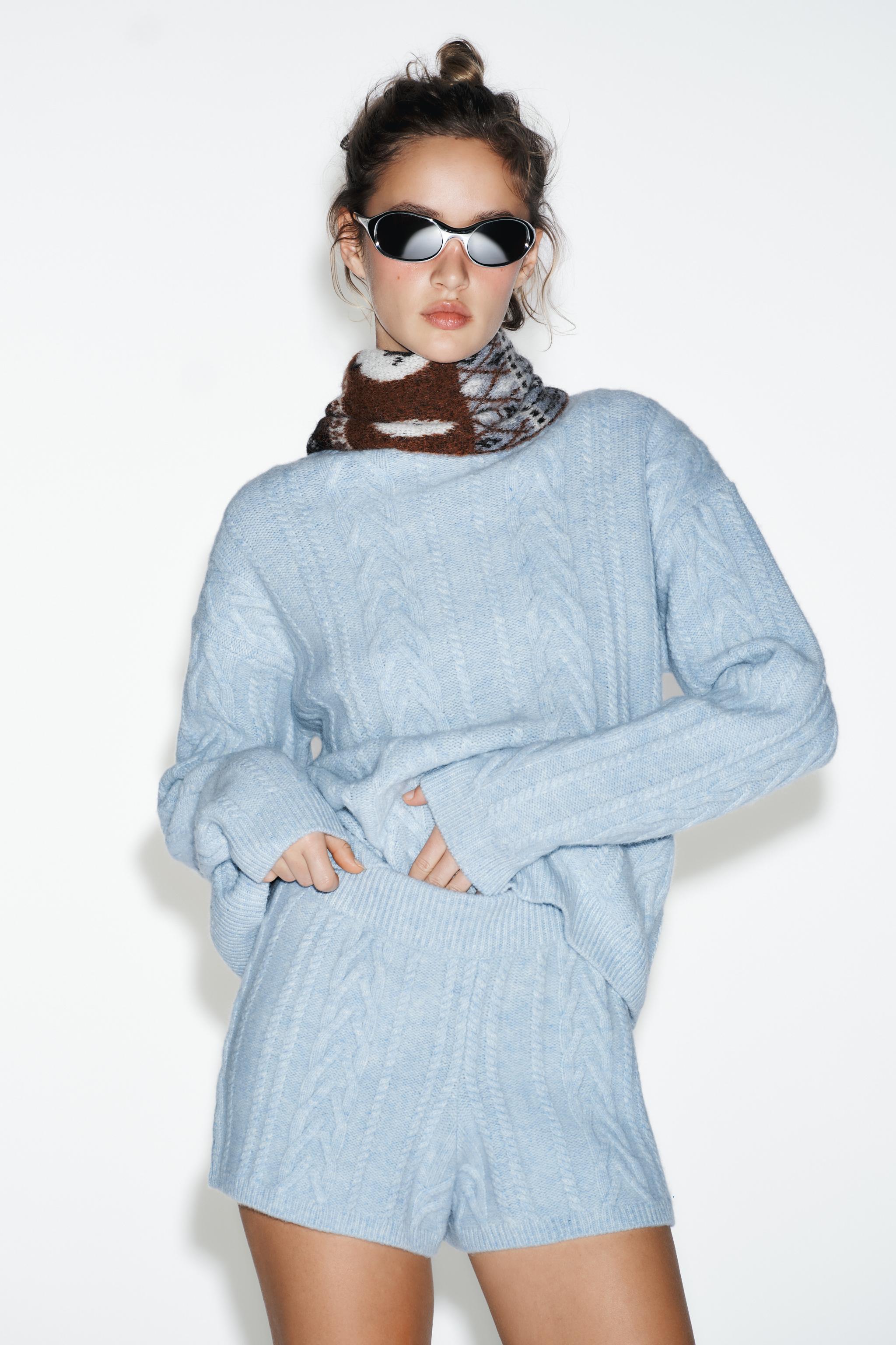 80% WOOL CABLE-KNIT SHORTS SKI COLLECTION - Light blue | ZARA