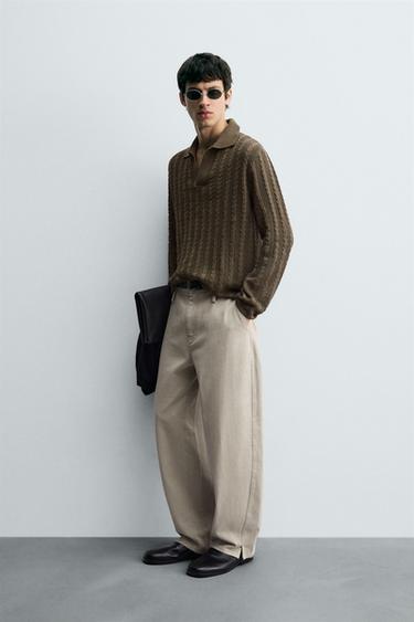 CABLE KNIT POLO SHIRT - camel by Zara - Image 3