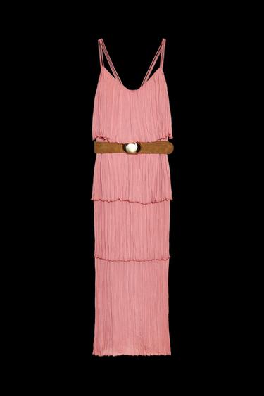 Zara BELTED RUFFLED MIDI DRESS - MARSALA