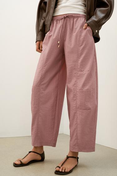 Zara BARREL PANTS WITH ELASTIC WAIST - Pale pink