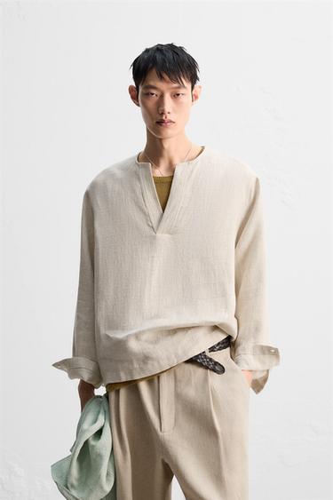 Zara 亞麻混紡紋理 Polo 衫 - 裸色