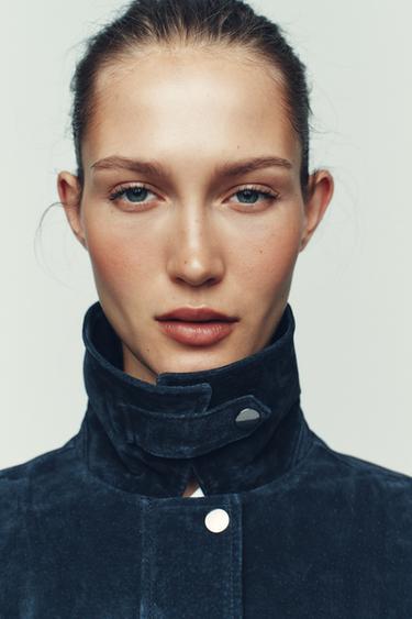 100% LEATHER BOMBER JACKET - Navy blue by Zara