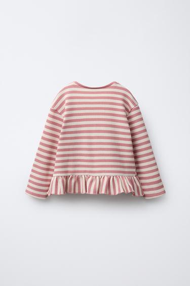 T-SHIRT GAUFRÉ PEPLUM À RAYURES - Rose pâle de Zara - Image 1