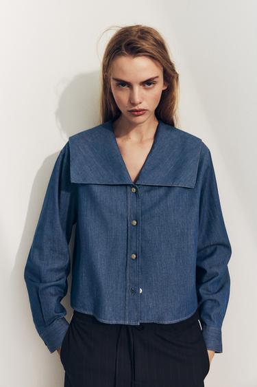DENIM-EFFECT PETER PAN COLLAR SHIRT - Blue by Zara
