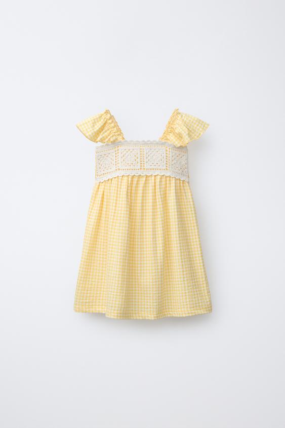 VESTIDO CUADRO VICHY CROCHET - Amarillo de Zara - Imagen 0