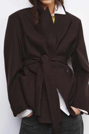 Zara ZARA WOMAN COLLECTION 100% 羊毛繫帶西裝外套 - LIMITED EDITION - 卡其色