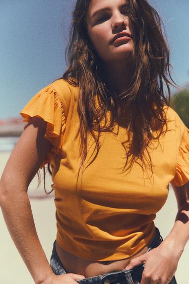 COTTON T-SHIRT WITH RUFFLES - Orange by Zara