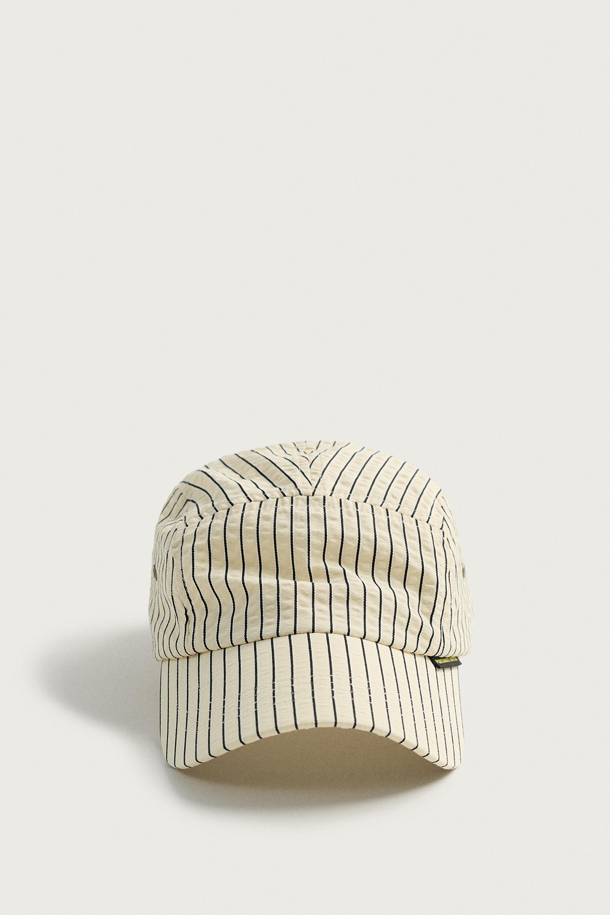 SEERSUCKER STRIPE CAP — Ecru