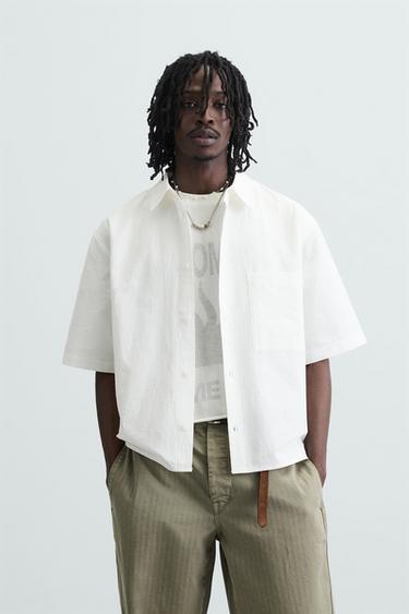 CAMISA JACQUARD ALGODÓN - LINO - Blanco de Zara