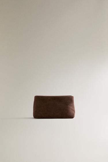 SMALL SPLIT LEATHER WASH BAG - Chocolate Brown by Zara